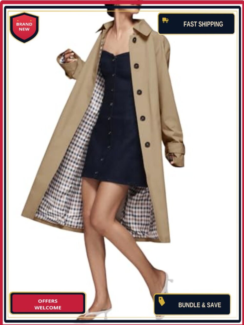 Windproof Oversized Single Breasted Trench Coat Checkered Lining Long Sleeve